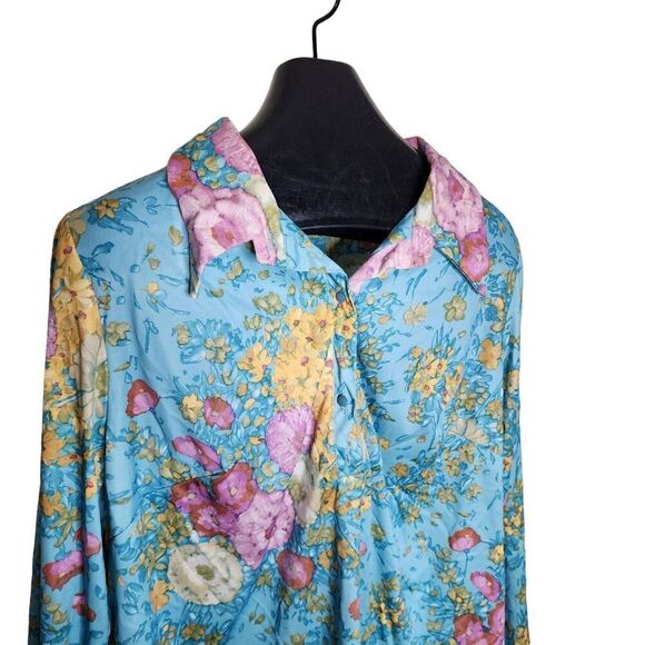 Vintage 70s Lane Bryant 2 Pce Skirt Blouse Shirt Set Womens 2XL Blue Floral Poly - Picture 3 of 6